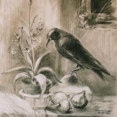 Dessin au fusain : composition au corbeau